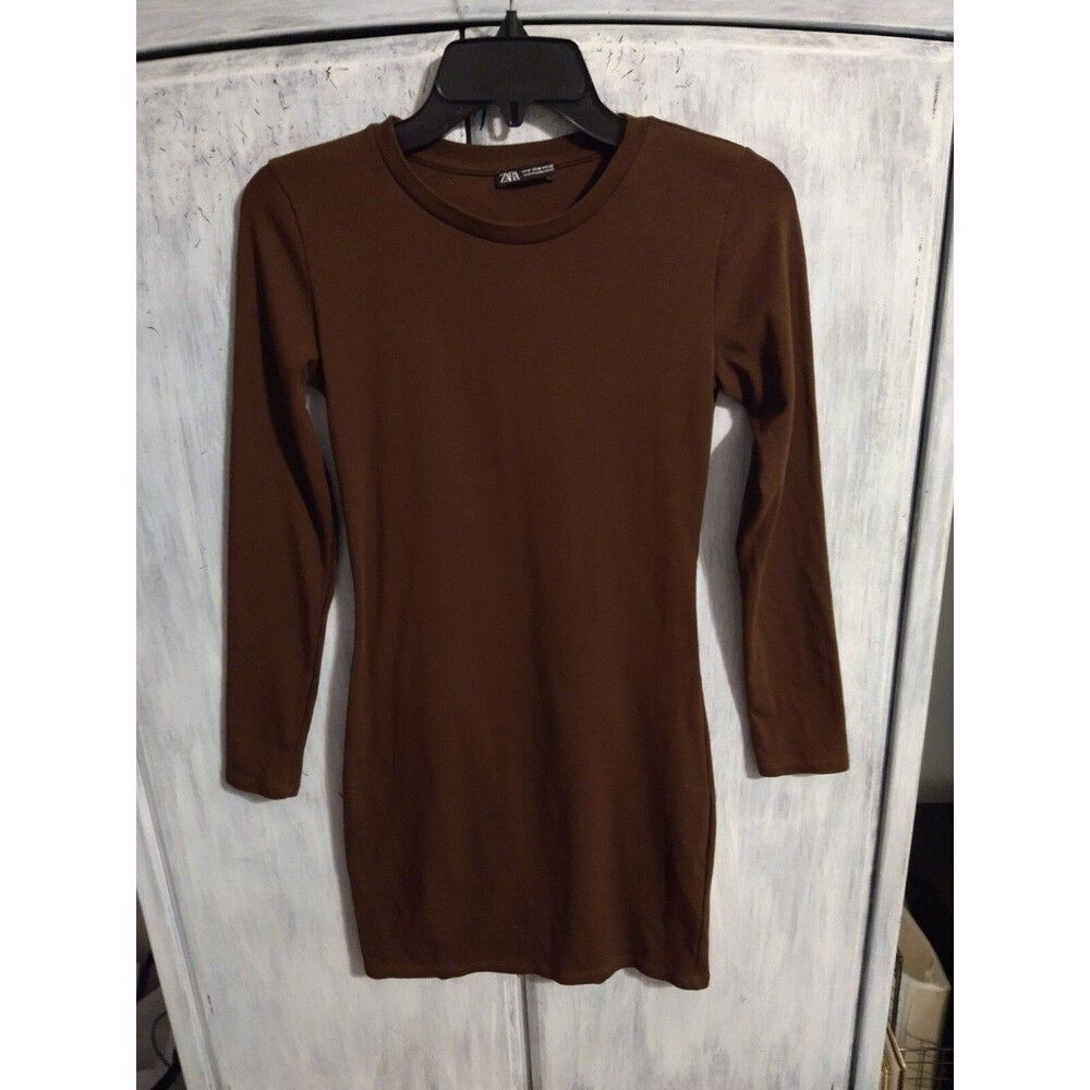Zara Fitted brown long sleeve knee length cotton stretchy med dress Comfy Sexy